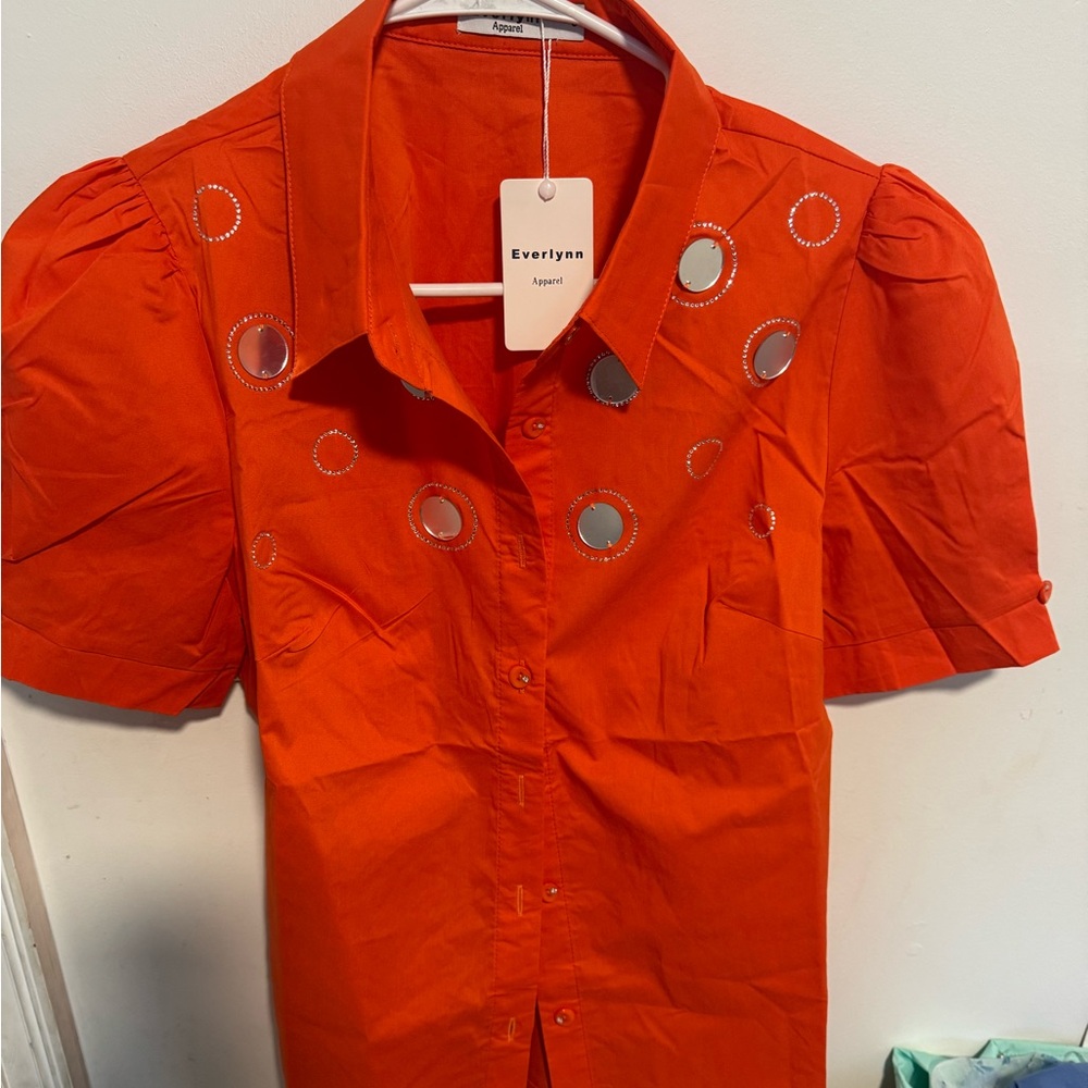 Orange Short Sleeve Blouse with Mirror Accents